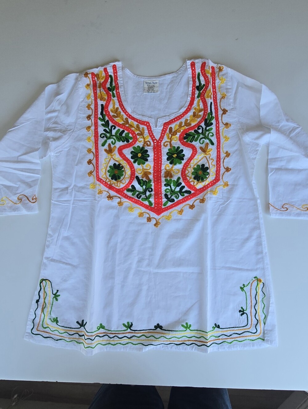 Royal Moda Women White Floral Embroidered Split Neck 3/4 Sleeve Blouse 40 (L)